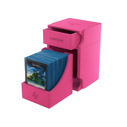 Pink Gamegenic Watchtower Deck Box with blue cards on a white background