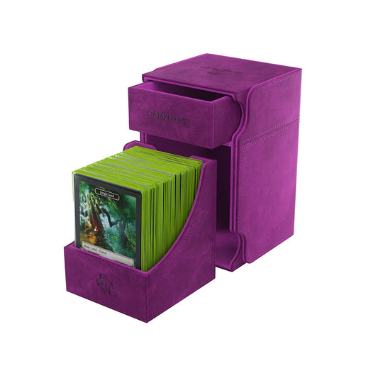 Purple Gamegenic Watchtower Deck Box with green cards on a white background