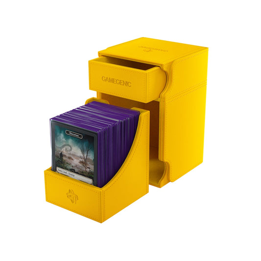 Yellow Gamegenic Watchtower deck box with purple cards on a white background
