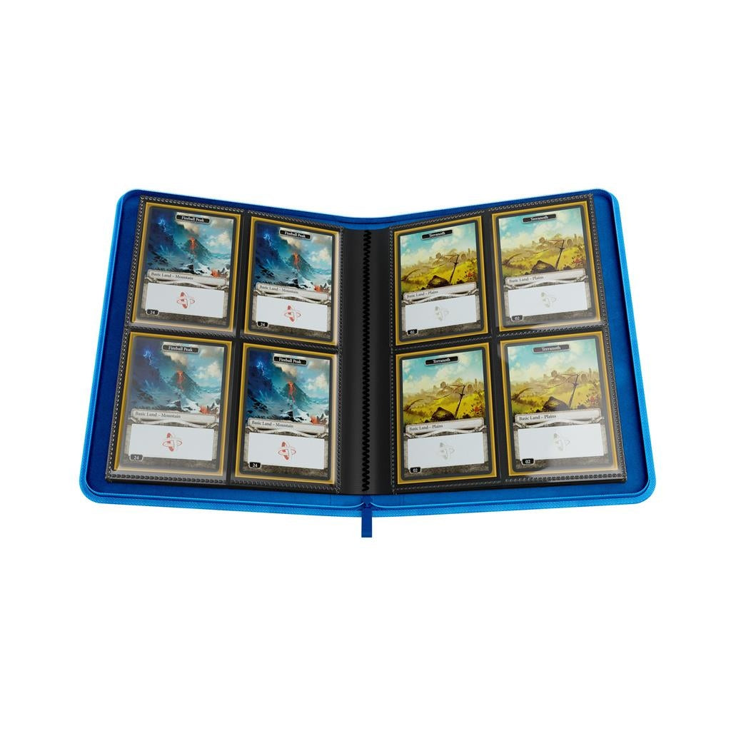 Blue Gamegenic Binder opened with trading cards on a white background
