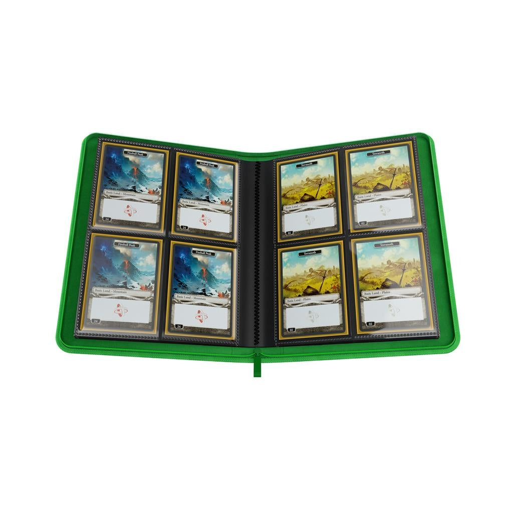Green Gamegenic Binder opened with trading cards on a white background