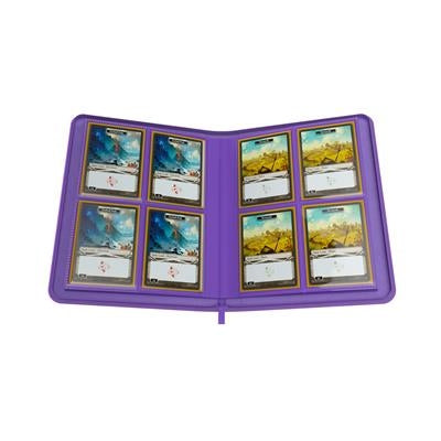 Purple Gamegenic Binder opened with trading cards on a white background