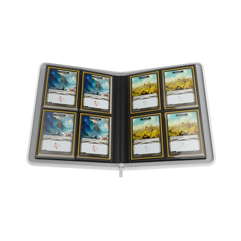 White Gamegenic Binder opened with trading cards on a white background