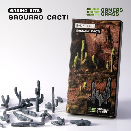 Unpainted saguaro cactus miniatures with Gamersgrass packaging.