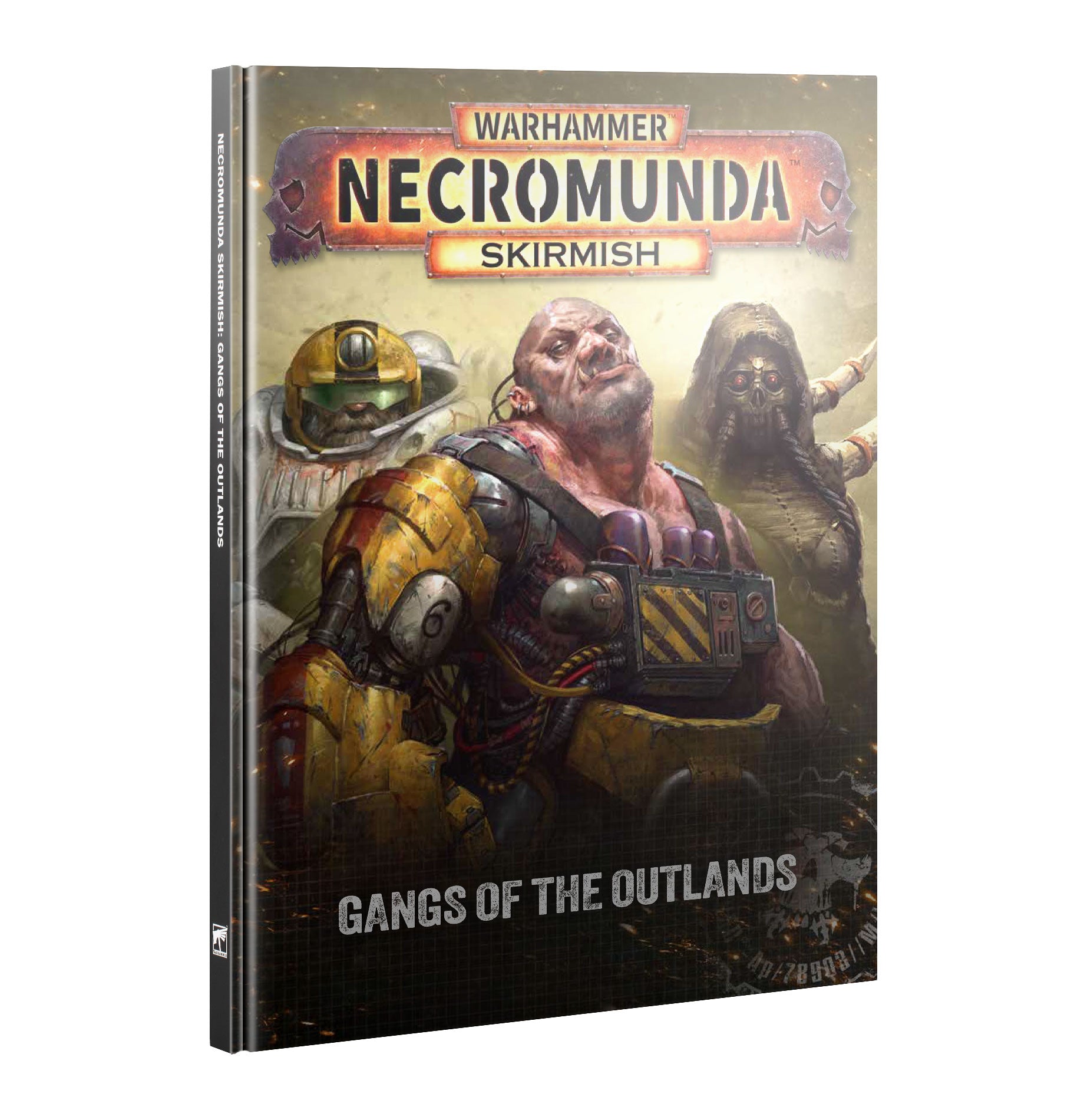 Warhammer Necromunda Skirmish: Gangs of the Outlands tabletop gaming rulebook, featuring a detailed cover illustration of a battle scene with armored soldiers and a zombie-like figure.