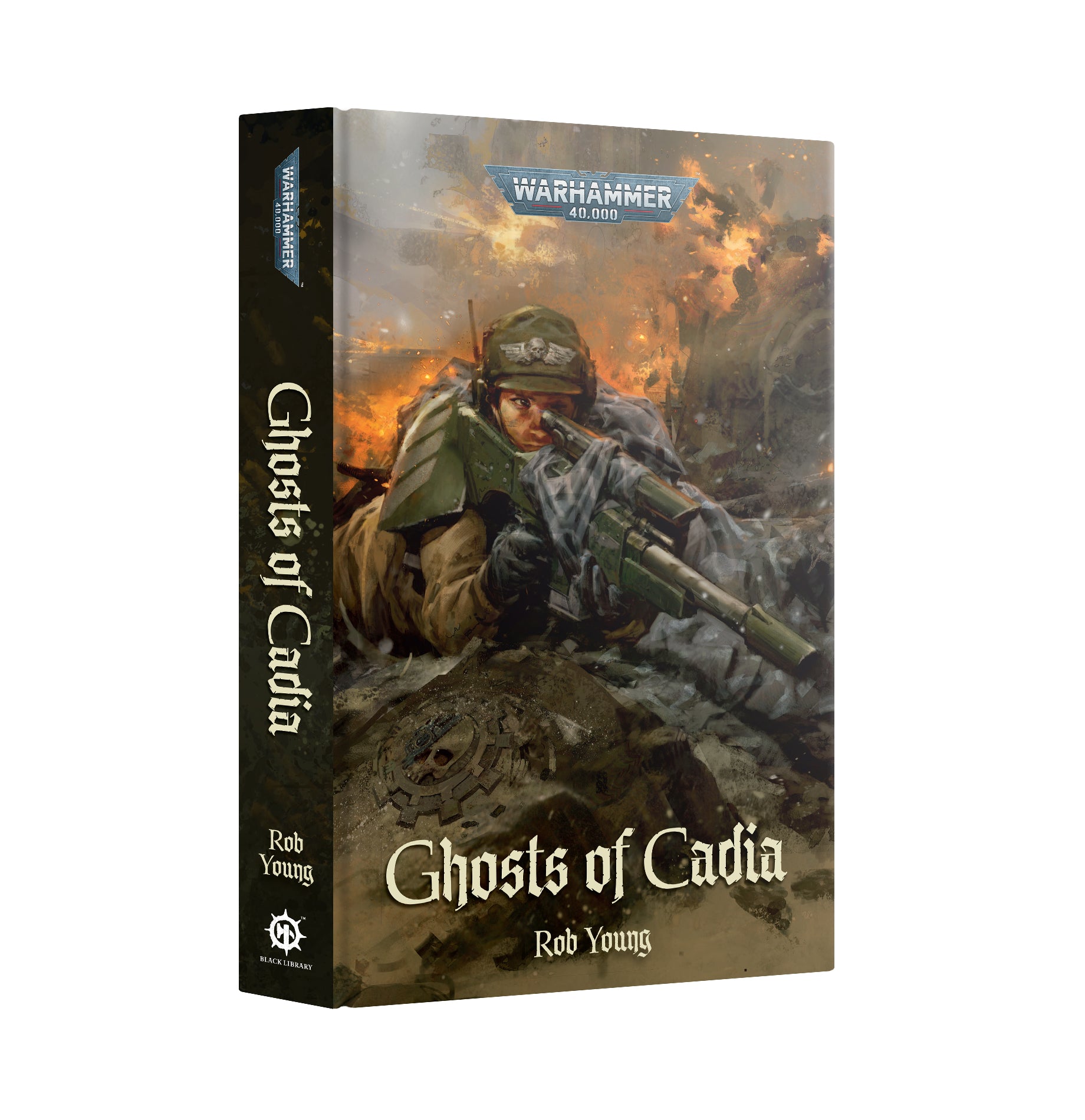 Warhammer 40k Ghosts of Cadia tabletop gaming box by Rob Young, featuring a detailed cover illustration of a soldier in a war-torn landscape.
