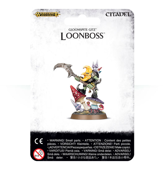 Gloomspite Gitz Loonboss figure on a Citadel package with warning labels.