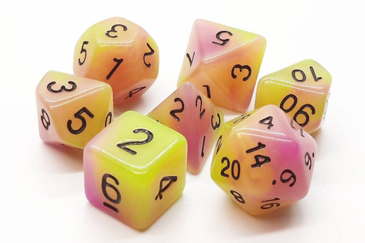 Old School Dice: 7 Piece Dice Set Glow Dice Yellow & Purple