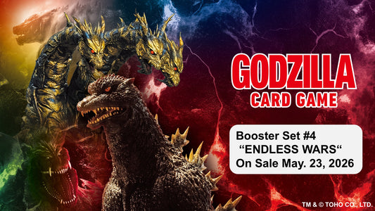 Promotional image for Godzilla Card Game Booster Set #4 'Endless Wars' with two Godzilla figures and colorful background.