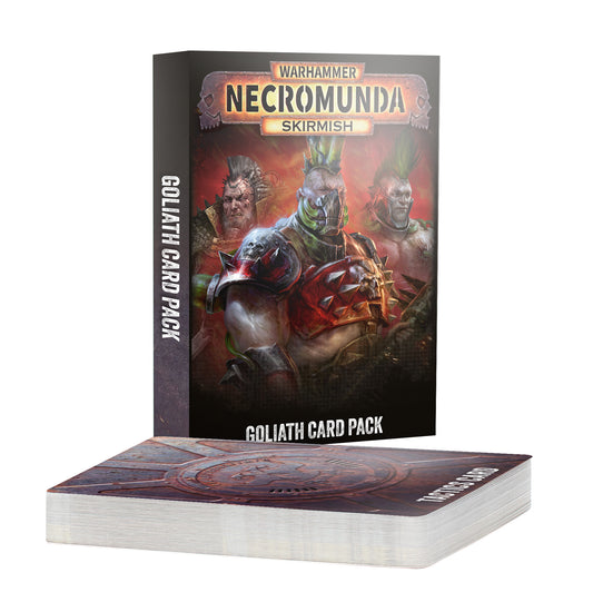 Warhammer Necromunda Skirmish Goliath Card Pack shown as a boxed product standing behind a deck of cards on a plain white background.
