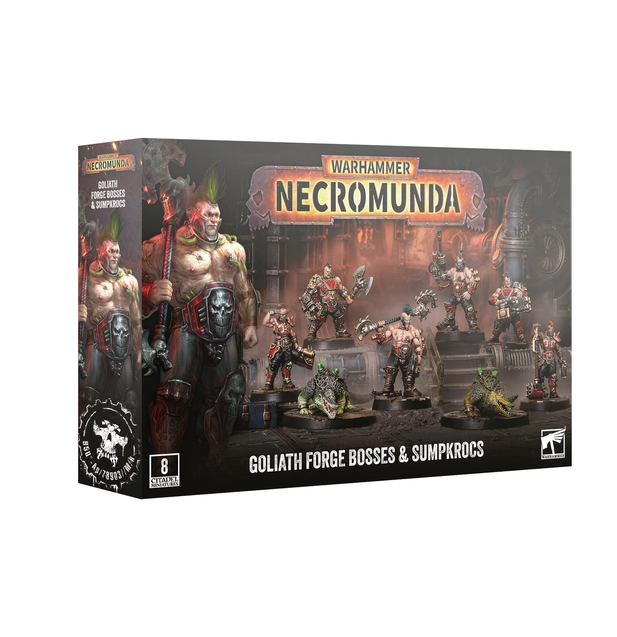 Warhammer 40k Necromunda Goliath Forge Bosses & Sumpkrocs 8-figure miniatures box set, featuring a detailed product box with character artwork and miniatures displayed on the front.