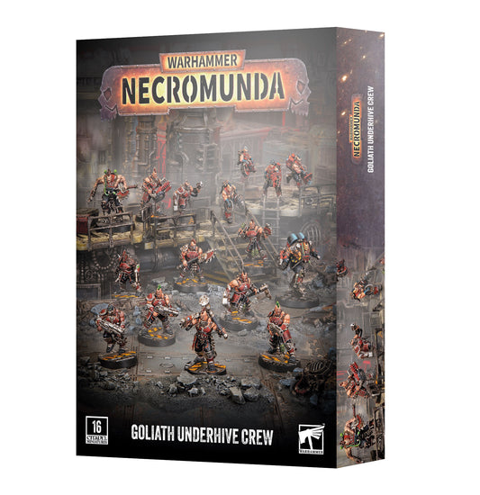 Warhammer Necromunda Goliath Underhive Crew box set, featuring a detailed sci-fi horror illustration of goliath miniatures in a ruined industrial environment.