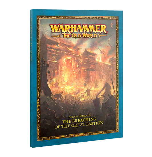 Warhammer The Old World book cover with fiery battle scene and blue border
