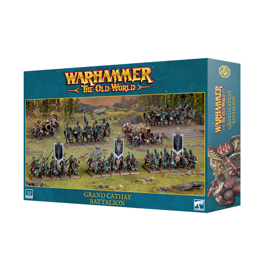 Warhammer The Old World Grand Cathay Battalion box set featuring detailed miniatures of a fantasy army with infantry, cavalry, and artillery units in a scenic battlefield setting.