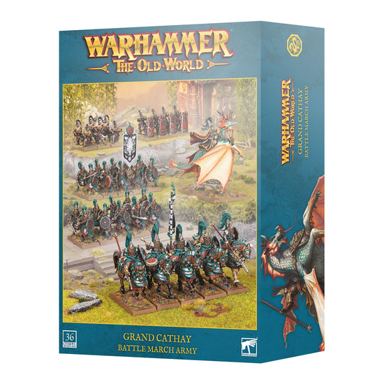 Warhammer: The Old World Grand Cathay Battle March Army box set, featuring a teal-blue packaging design with fantasy battle artwork and the Warhammer logo.