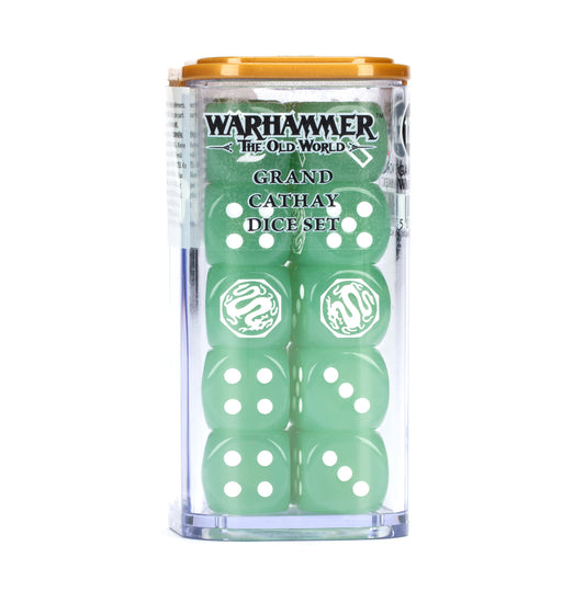 Warhammer The Old World Grand Cathay Dice Set in clear plastic case with yellow lid, containing twelve green dice with white pips and custom fantasy symbols.