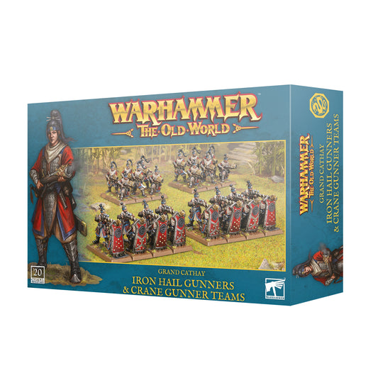Warhammer The Old World game box featuring Iron Hail Gunners and Crane Gunner Teams.