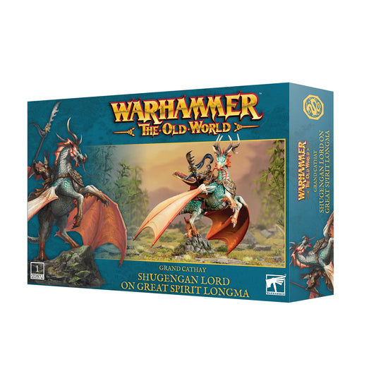 Warhammer The Old World Grand Cathay Shugenja Lord on Great Spirit Longma box art featuring a detailed miniature of a Shugenja Lord riding a dragon-like Longma in a fantasy landscape, with vibrant packaging and intricate artwork.
