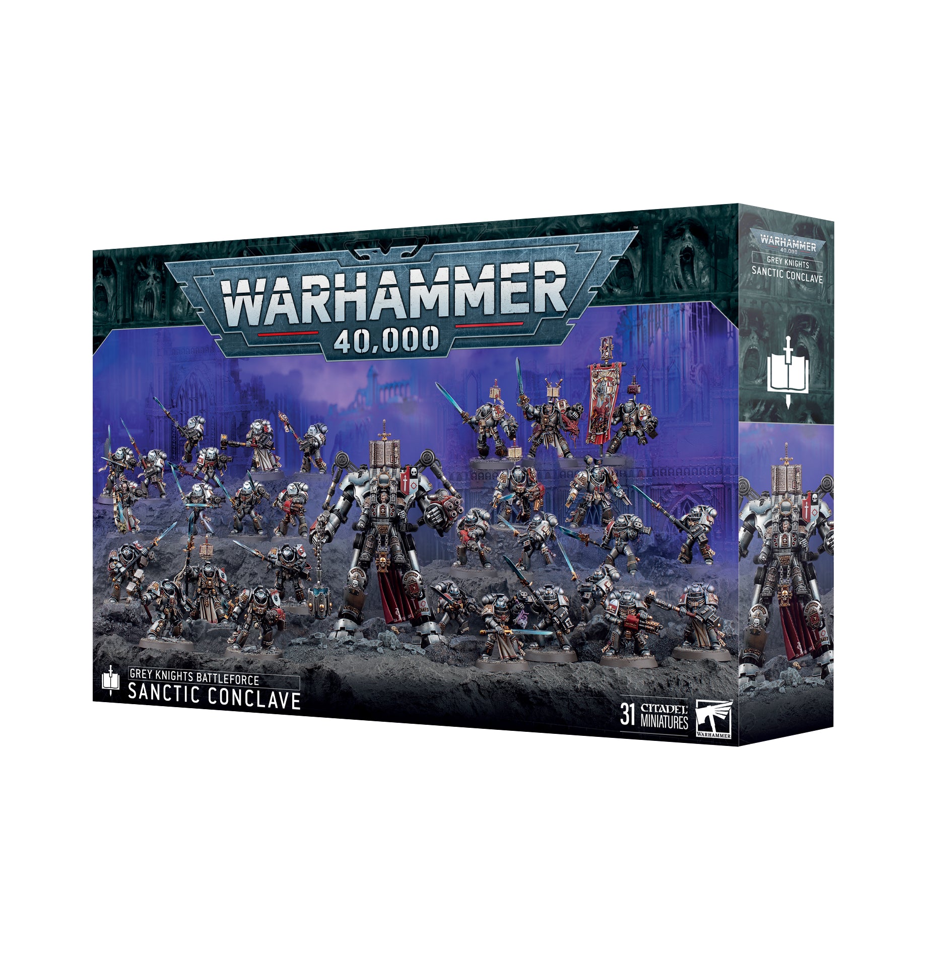 Warhammer 40,000 game box with miniature figures on a white background