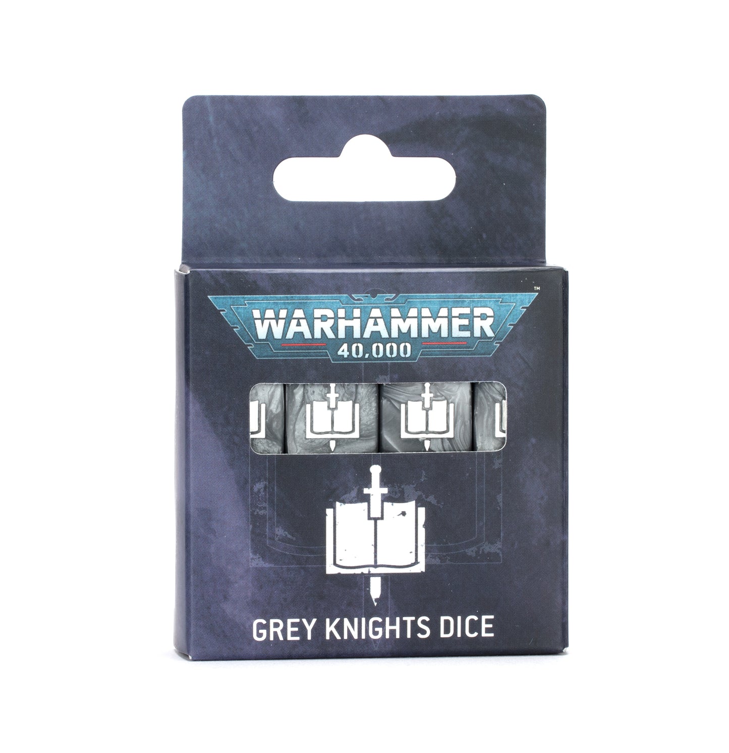 Packaged dice set for 'Grey Knights' from Warhammer 40,000 on a white background