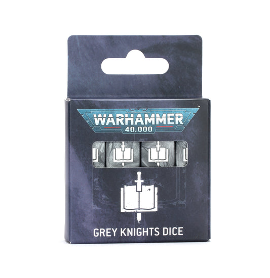 Packaged dice set for 'Grey Knights' from Warhammer 40,000 on a white background