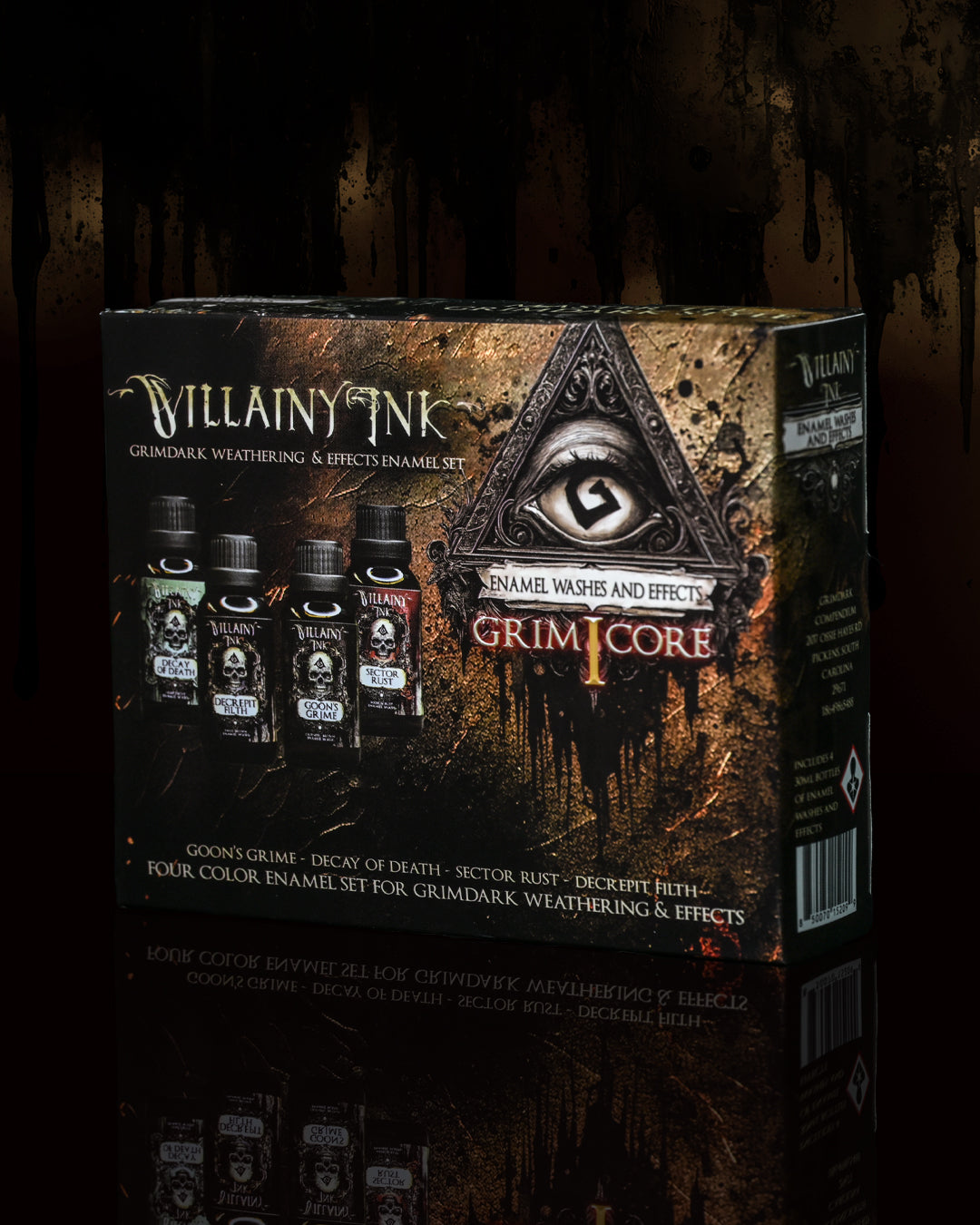 Villainy Ink Grimcore paint set packaging with eye design on a dark background