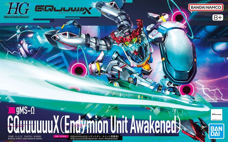 Model kit packaging of GQuuuuuuX (Endymion Unit Awakened) by Bandai with colorful design and branding.