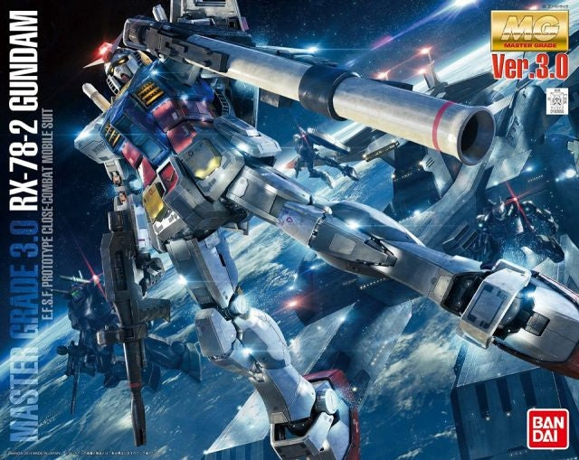 Model kit of Gundam RX-78-2 with 'Master Grade 3.0' text and Bandai logo on a space-themed background.