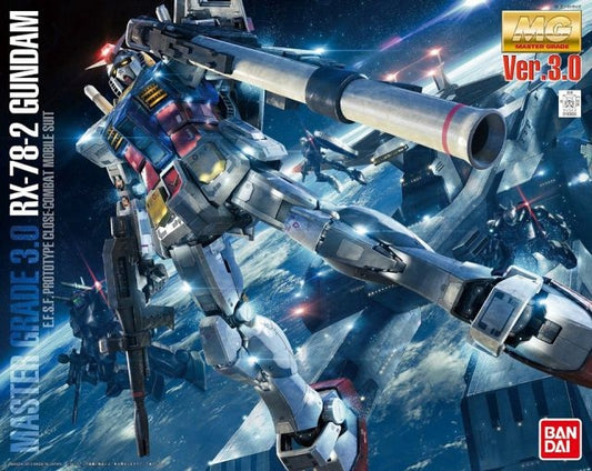 Model kit of Gundam RX-78-2 with 'Master Grade 3.0' text and Bandai logo on a space-themed background.
