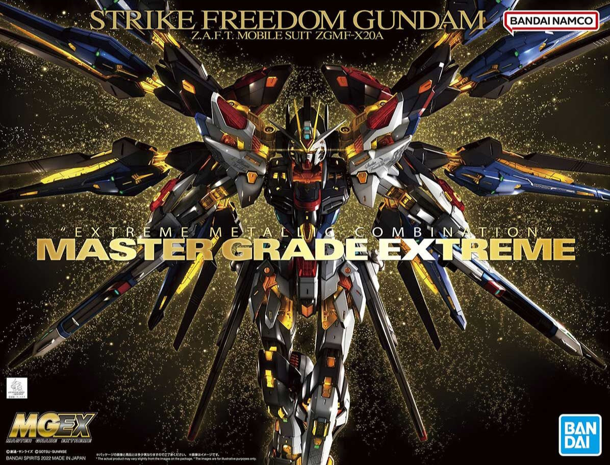 Model kit of Strike Freedom Gundam with Bandai logo on a dark background