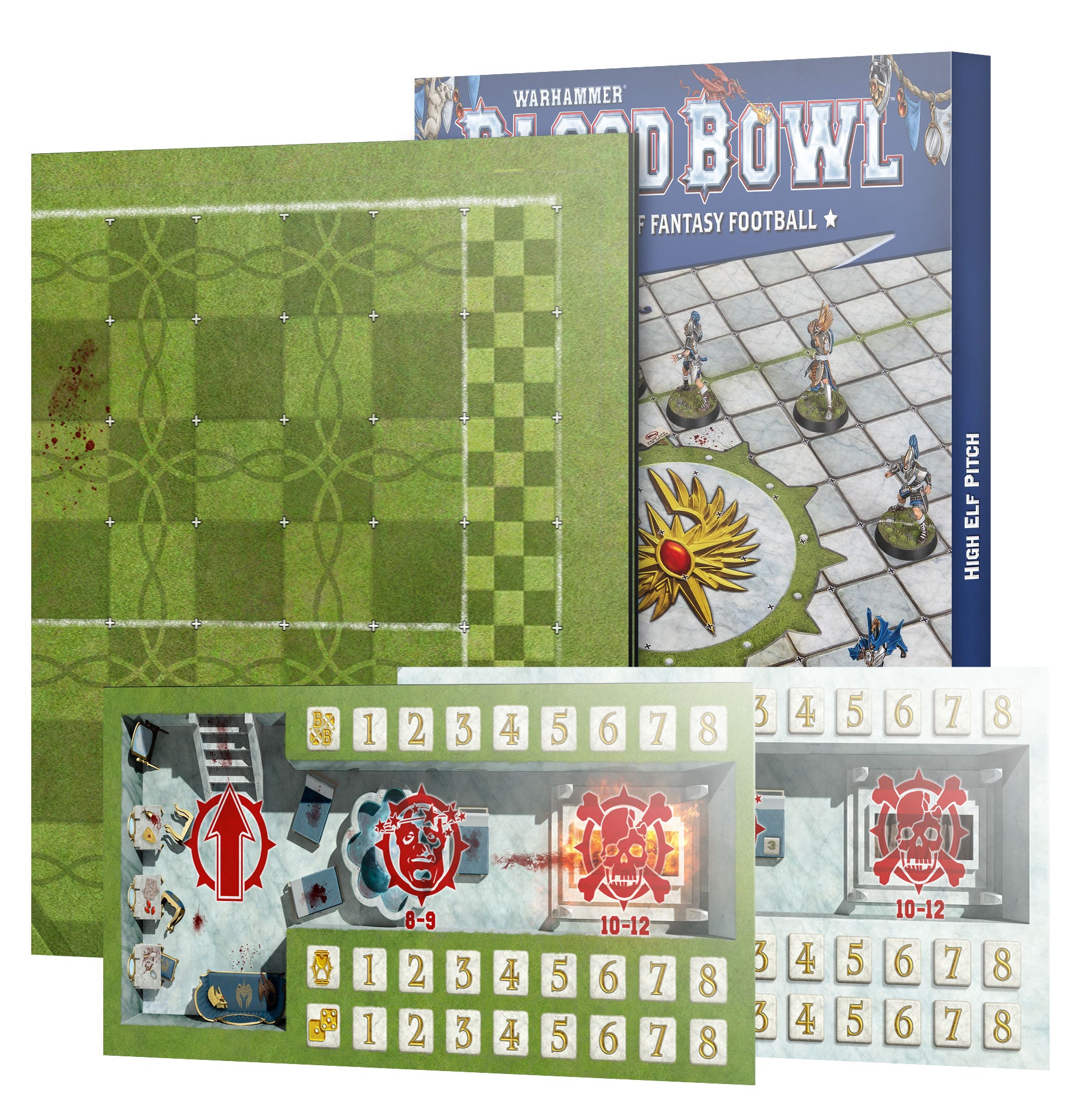 Warhammer Blood Bowl fantasy football game set with field, scoring board, and player figures.