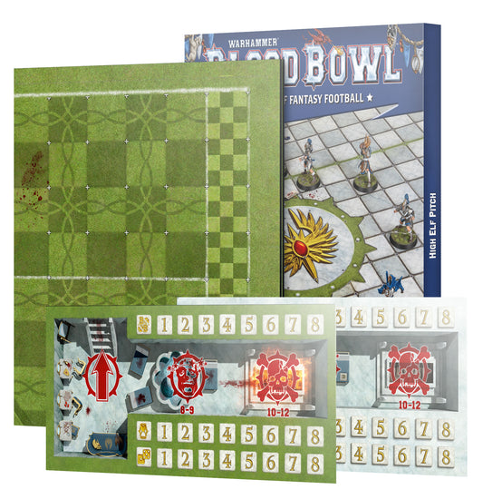 Warhammer Blood Bowl fantasy football game set with field, scoring board, and player figures.