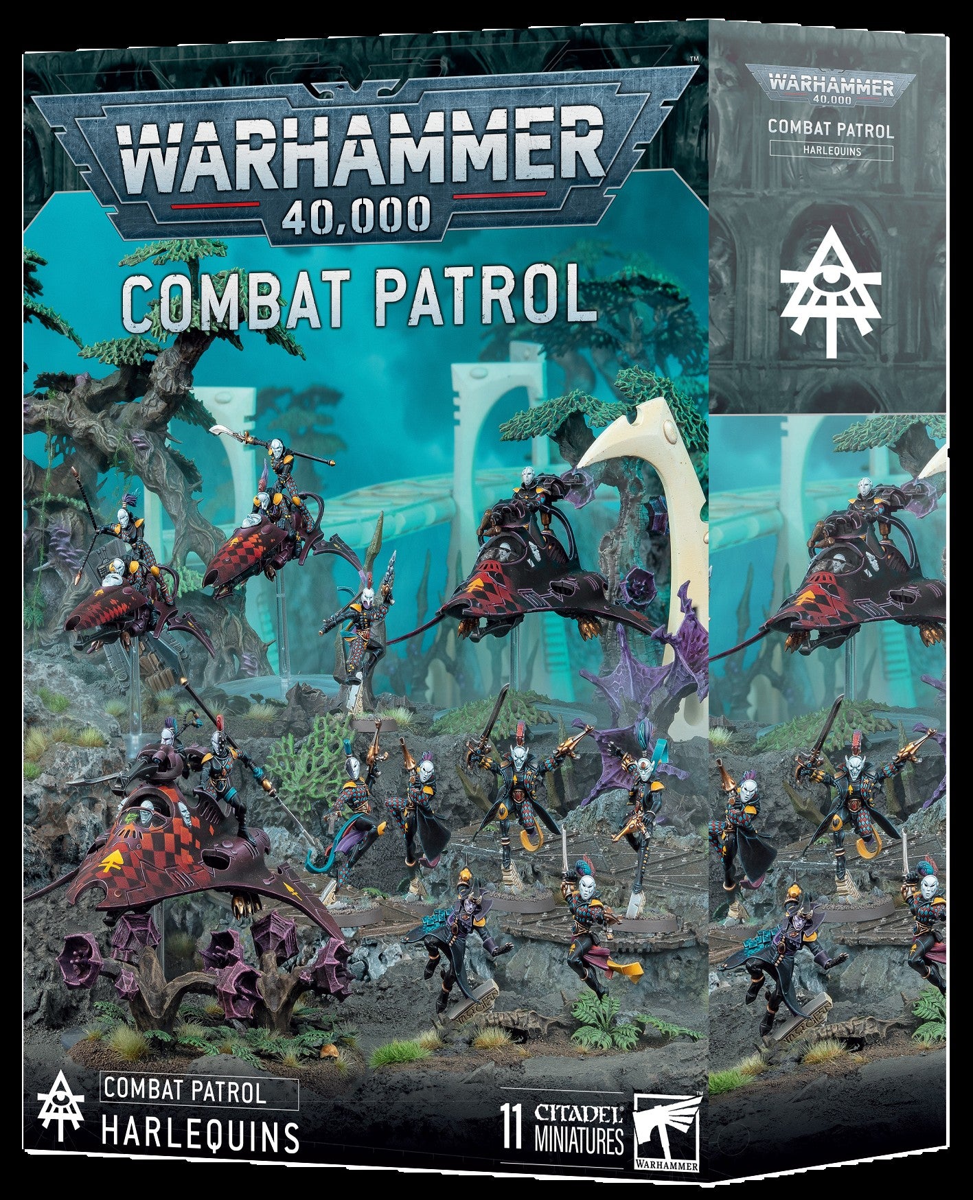 Warhammer 40,000 Combat Patrol packaging with miniatures and scenery.