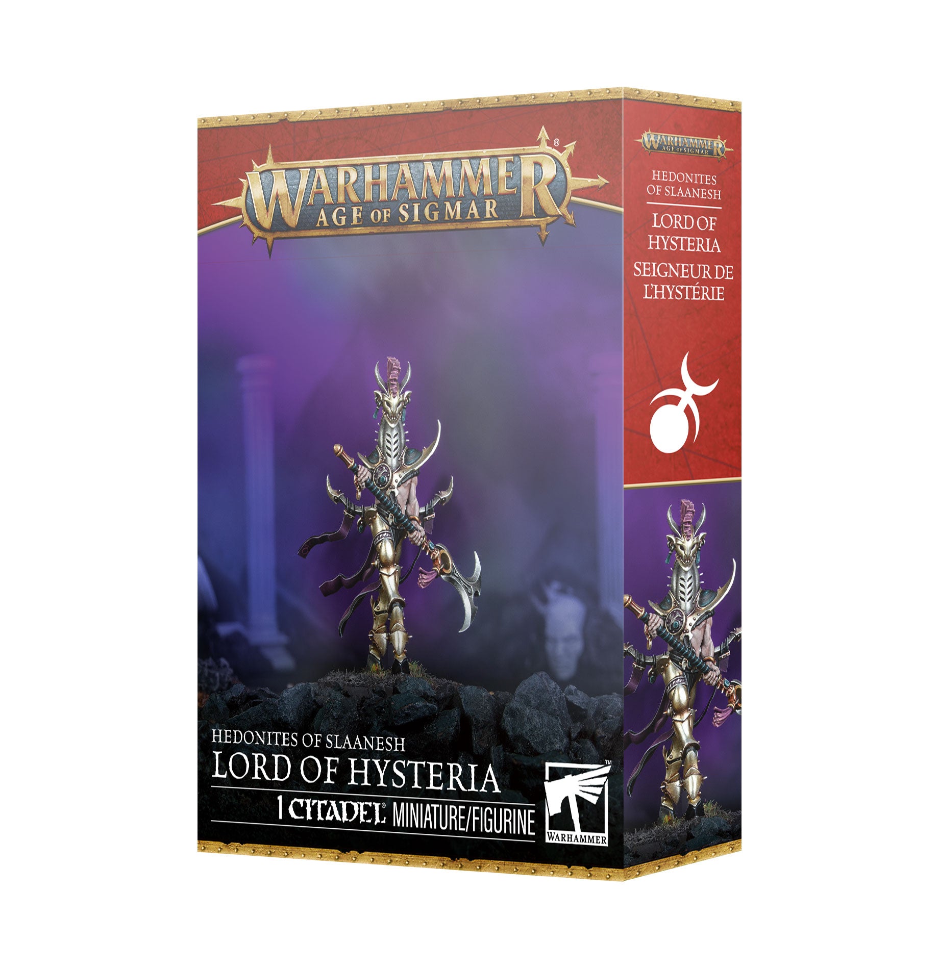 Warhammer Age of Sigmar game box with a fantasy figure on a purple background