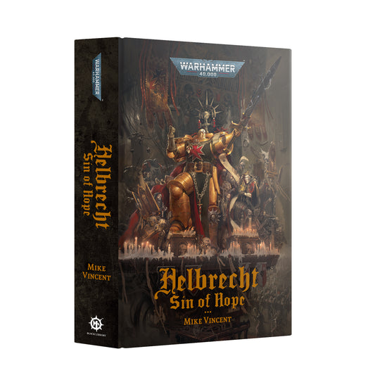 Warhammer 40k Miniatures Games 'Helbrecht: Sin of Hope' box set by Mike Vincent, featuring dark fantasy artwork of a golden-armored warrior on the front cover and spine.