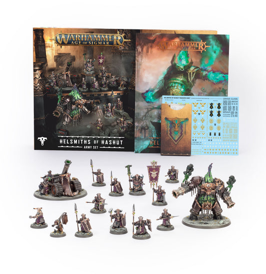 Warhammer Age of Sigmar Helmsmiths of Hashut army set with packaging and figures on a white background