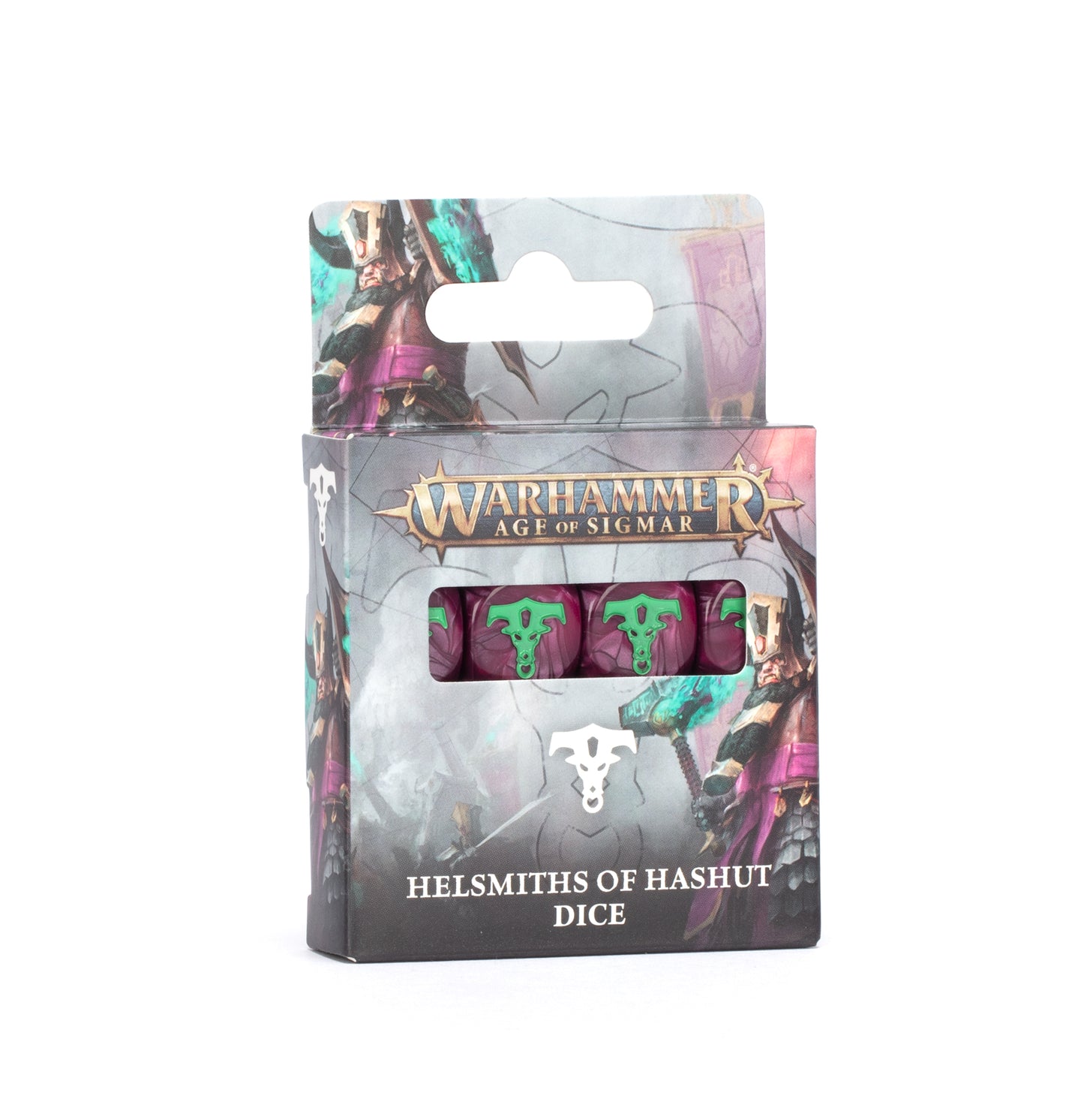 Pack of Warhammer Age of Sigmar dice with colorful characters on a white background