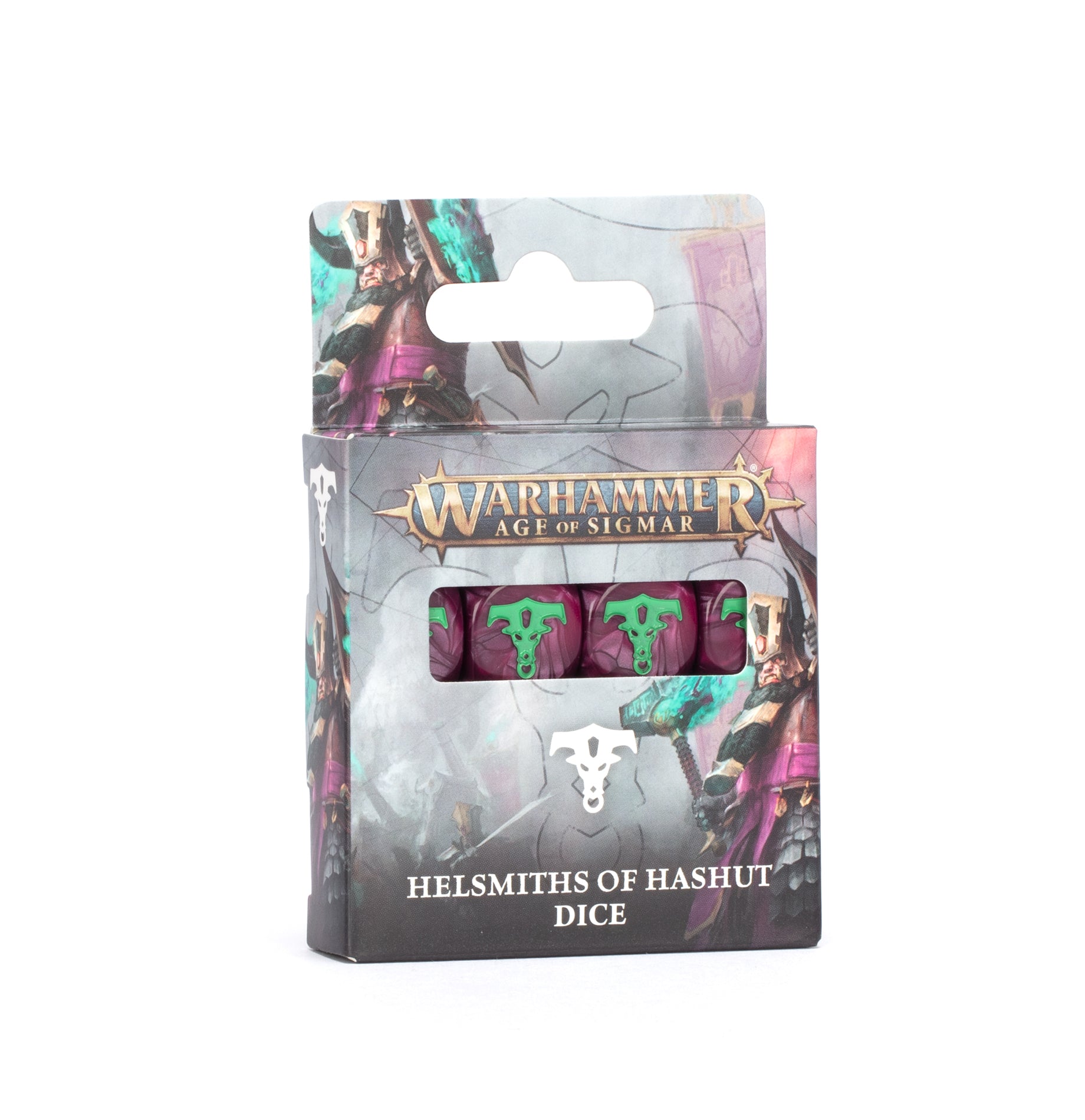 Pack of Warhammer Age of Sigmar dice with colorful characters on a white background