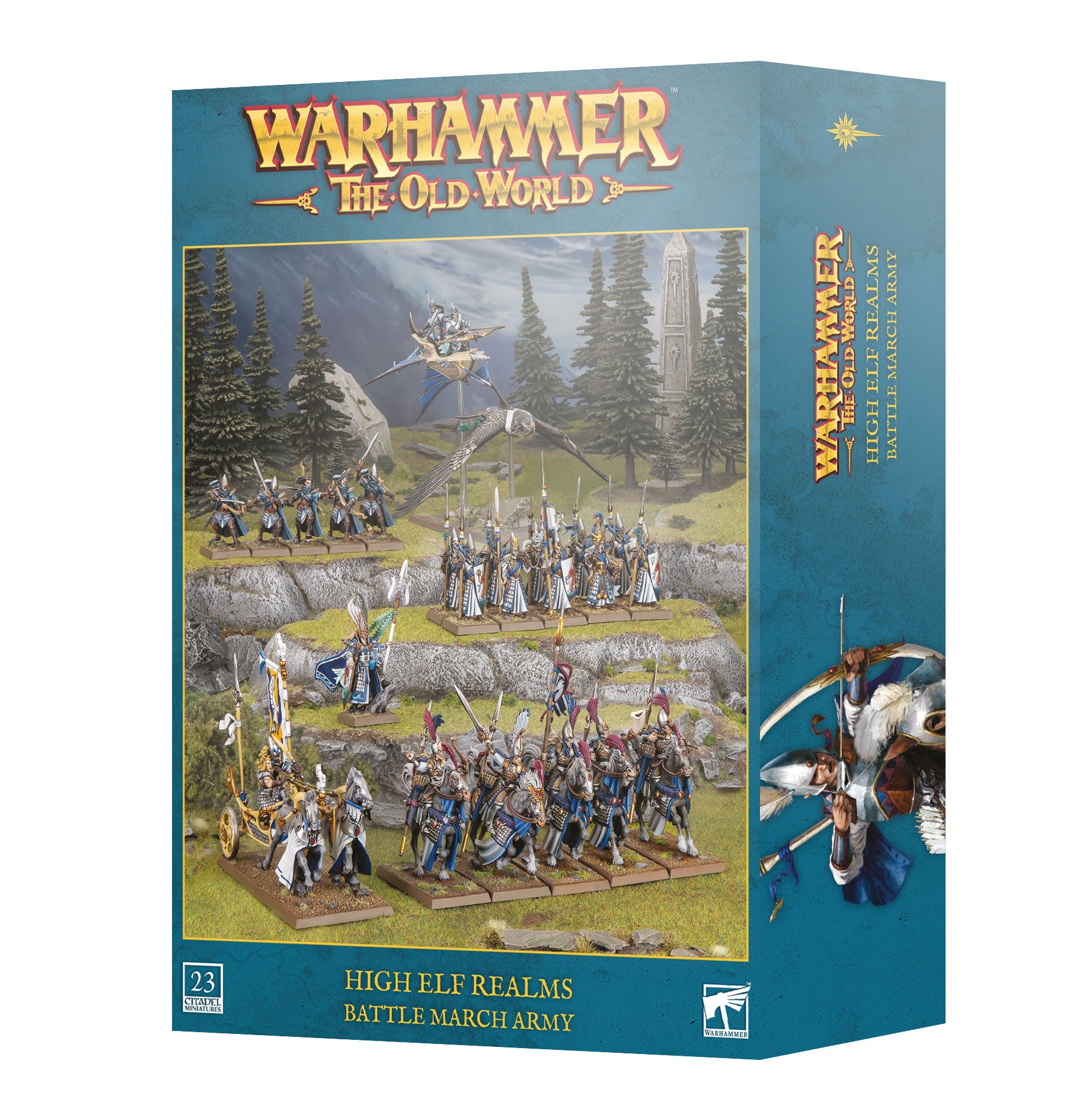 Warhammer: The Old World High Elf Realms Battle March Army box set, featuring a teal packaging design with a detailed fantasy battle scene illustration on the front and the Warhammer logo at the top.