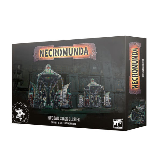 A boxed Necromunda: Hive Data Stack Cluster terrain piece for the game, showing two clusters with alcoves and multiple stacks.