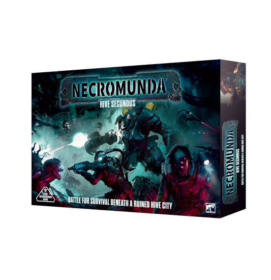 Boxed set of the Necromunda: Hive Secundus game featuring miniatures and game materials for play.