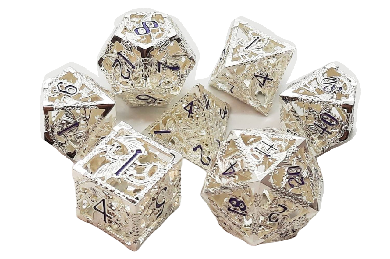 Old School Dice: 7 Piece Dice Set Metallic Hollow Dragon Dice Silver with Purple