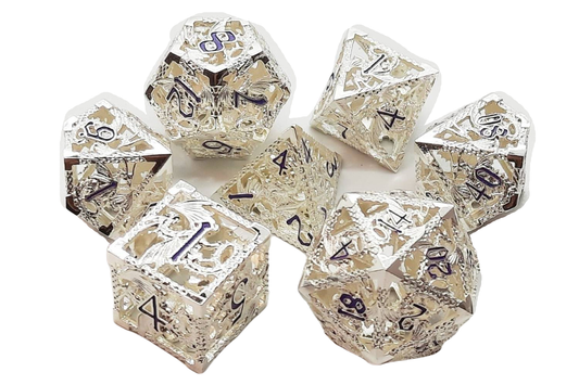 Old School Dice: 7 Piece Dice Set Metallic Hollow Dragon Dice Silver with Purple