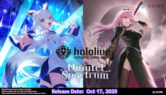 Two animated characters with hololive branding and 'Quintet Spectrum' text on a promotional poster.