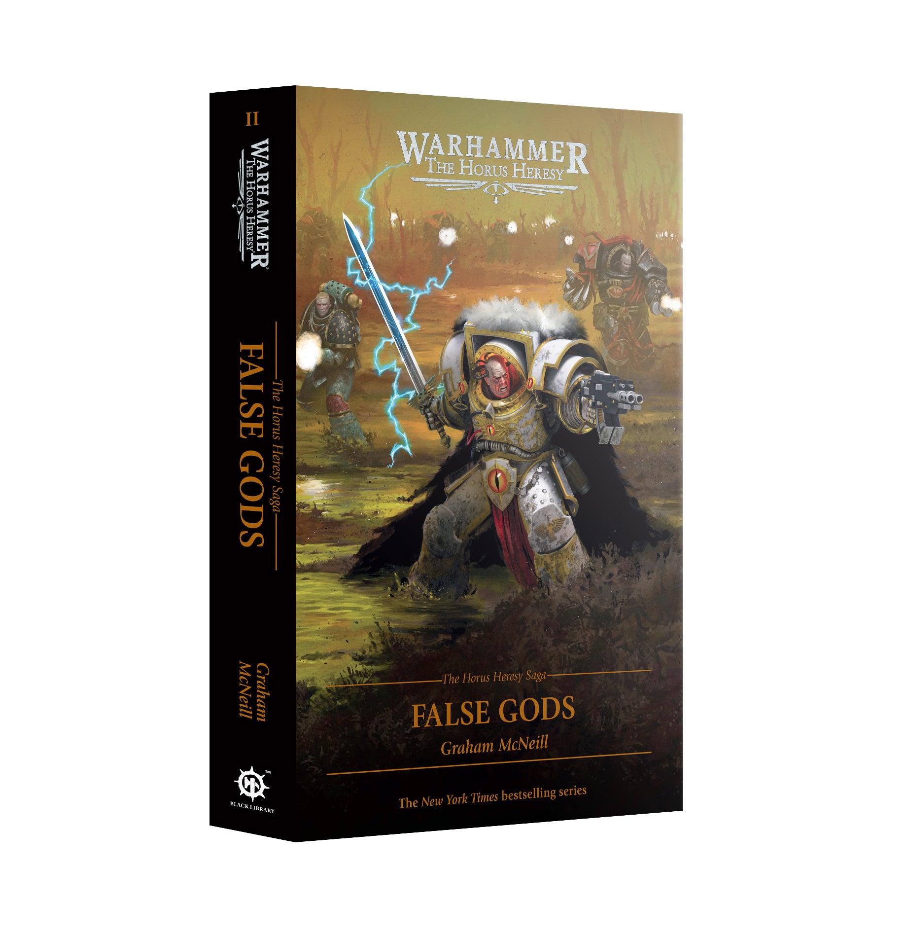 Warhammer 5th Edition True Legend Box Set: False Gods by Graham McNell, featuring a detailed fantasy box set cover with a Space Marine in armor, lightning effects, and other soldiers in the background.