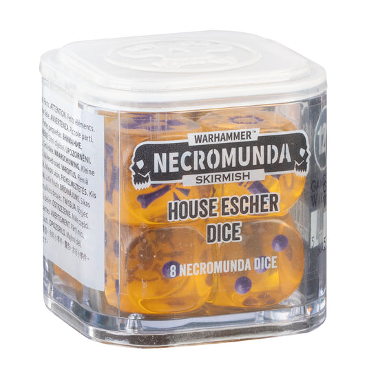 Warhammer Necromunda Skirmish House Escher Dice in a clear plastic container with a white lid, showing eight translucent orange dice with purple dots.