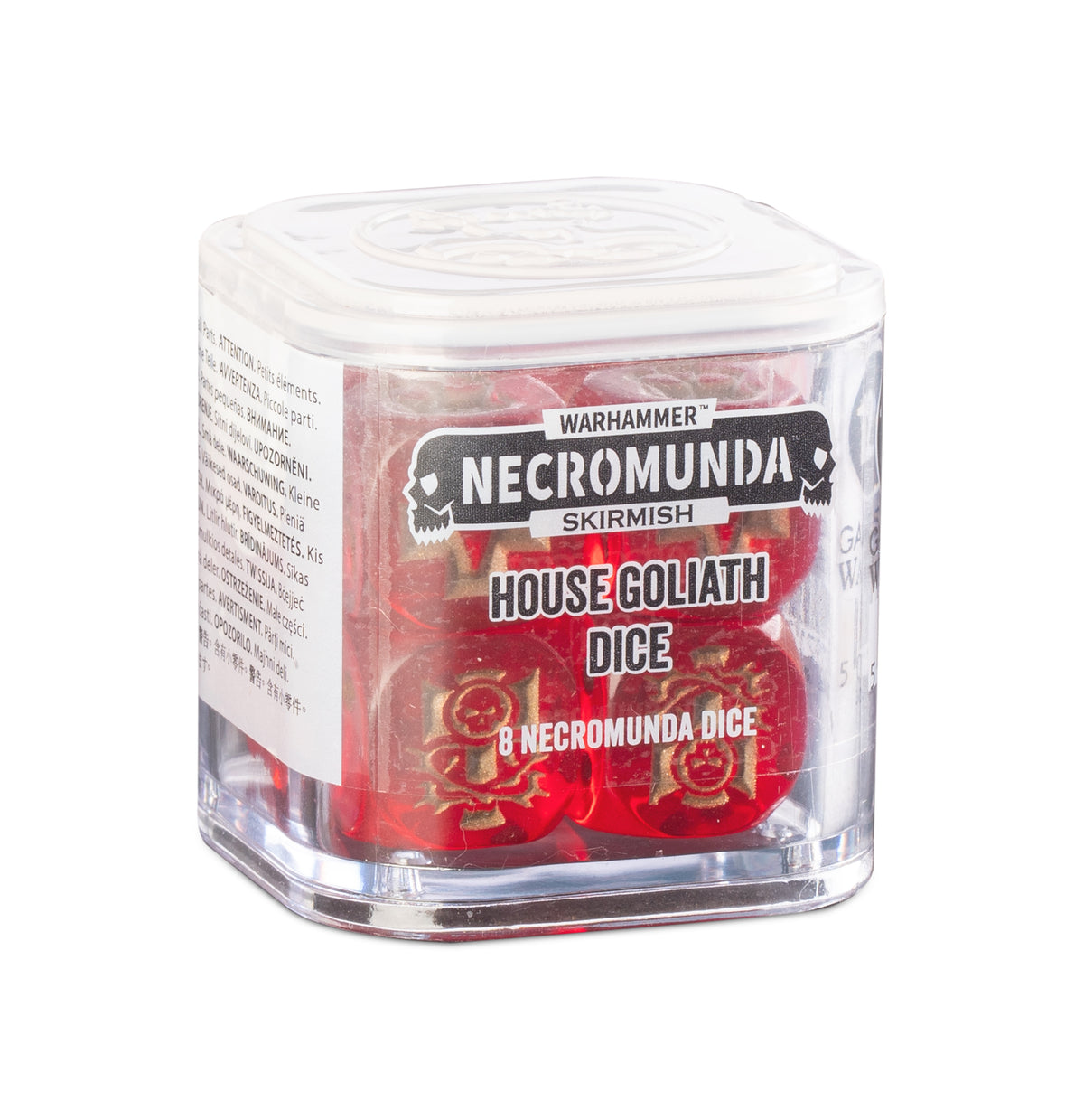 A clear plastic container holding red Warhammer 40k Necromunda House Goliath dice, with a white and black label on the front.