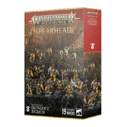 Boxed set of Warhammer Age of Sigmar: Spearhead featuring Orruk Warclans miniatures, including a Megaboss, Brute Ragerz, Brutes, and Ardboyz.