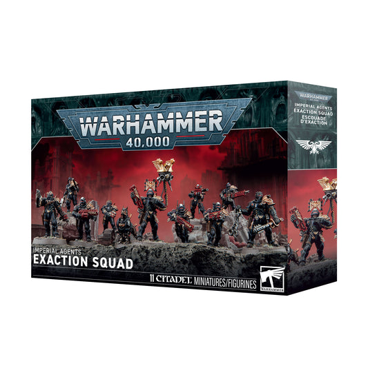Warhammer 40,000 II City-State Miniatures Figures 'Exaction Squad' box set, featuring painted miniatures of space marine soldiers on a rocky terrain against a red and black sci-fi background.