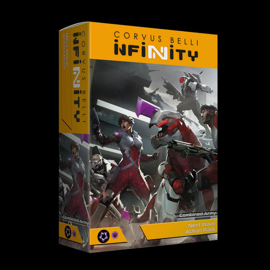 Box for 'Infinity' game by Corvus Belli with character illustrations on a black background